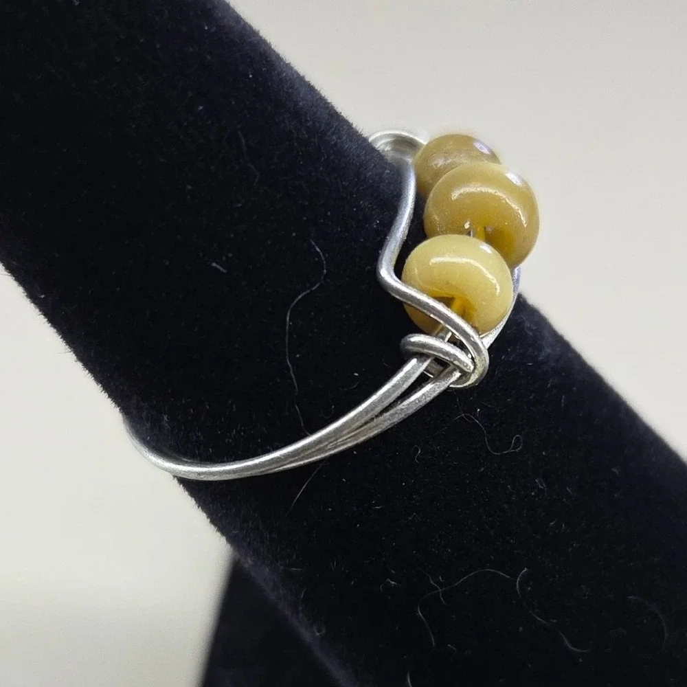 Handmade Wire Wrapped Ring Silver Tone Yellow Cat Eye Beads‎ Size 7.5 Boho